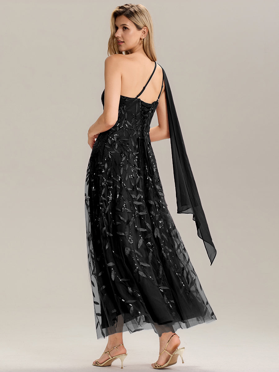 Color=Black | B2B-Exclusive One Shoulder Sleeveless Sequin A-Line Maxi Wedding Guest Dress-Black 7