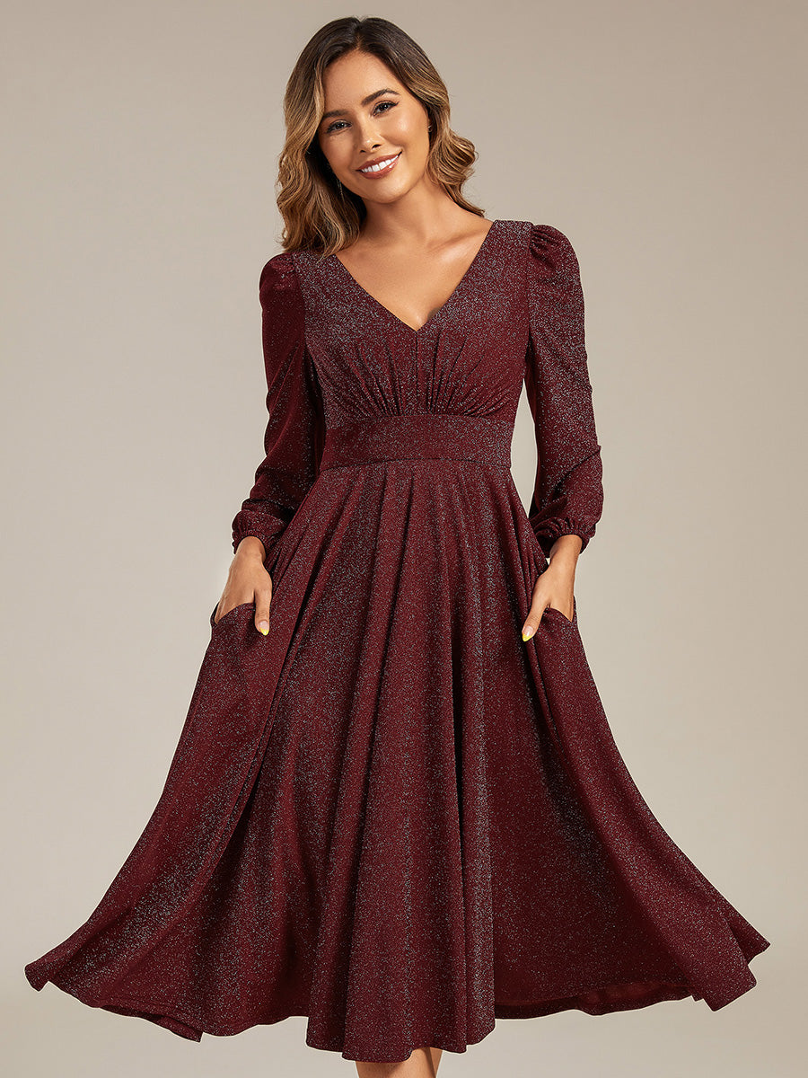 Color=Burgundy | Fast Delivery Long Sleeve V-Neck Gathered A-Line Midi Wedding Guest Dresses-Burgundy 1