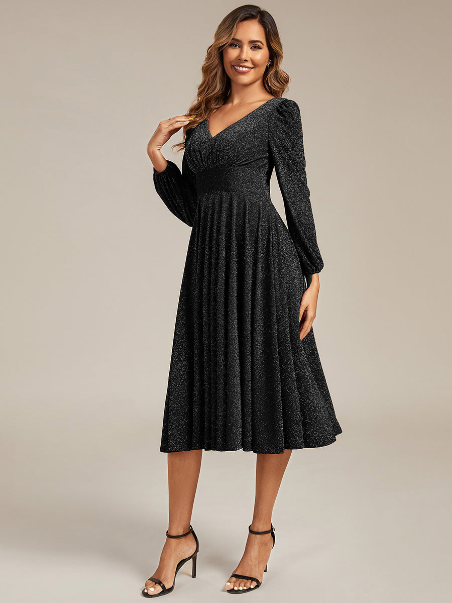 Color=Black | Fast Delivery Long Sleeve V-Neck Gathered A-Line Midi Wedding Guest Dresses-Black 14