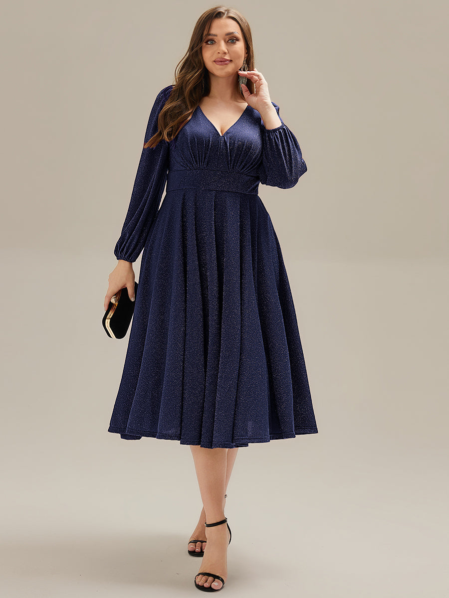 Color=Navy Blue | Fast Delivery Long Sleeve V-Neck Gathered A-Line Midi Wedding Guest Dresses-Navy Blue 30