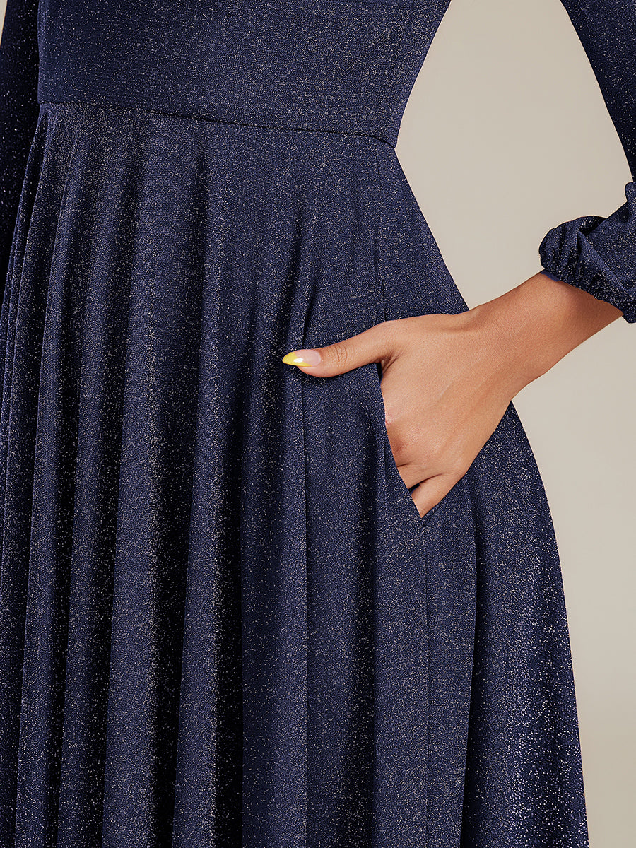 Color=Navy Blue | Fast Delivery Long Sleeve V-Neck Gathered A-Line Midi Wedding Guest Dresses-Navy Blue 28