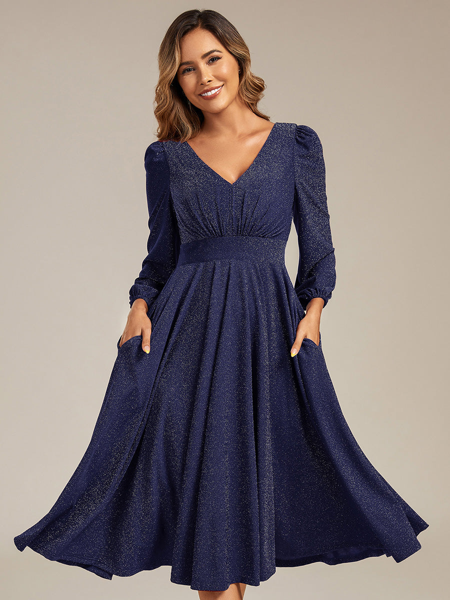 Color=Navy Blue | Fast Delivery Long Sleeve V-Neck Gathered A-Line Midi Wedding Guest Dresses-Navy Blue 21