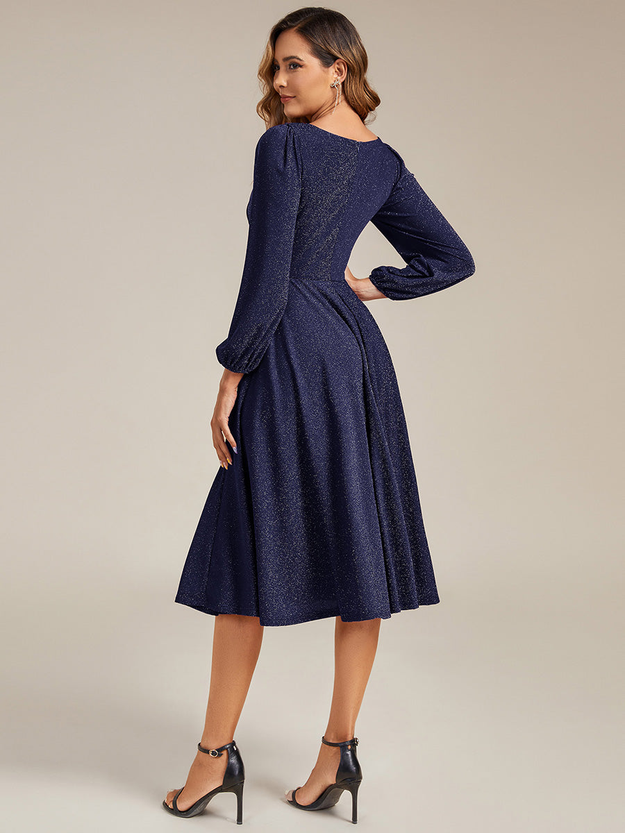 Color=Navy Blue | Fast Delivery Long Sleeve V-Neck Gathered A-Line Midi Wedding Guest Dresses-Navy Blue 22