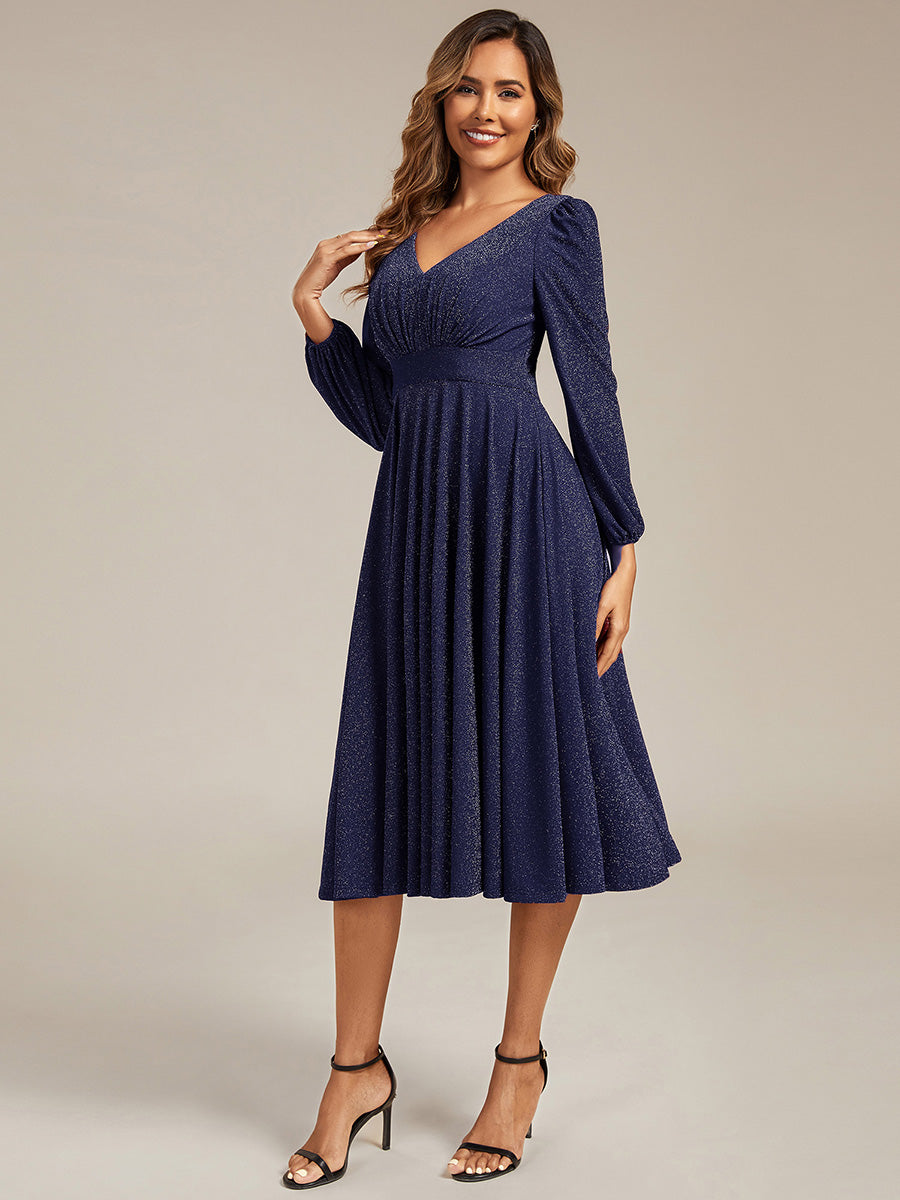 Color=Navy Blue | Fast Delivery Long Sleeve V-Neck Gathered A-Line Midi Wedding Guest Dresses-Navy Blue 24