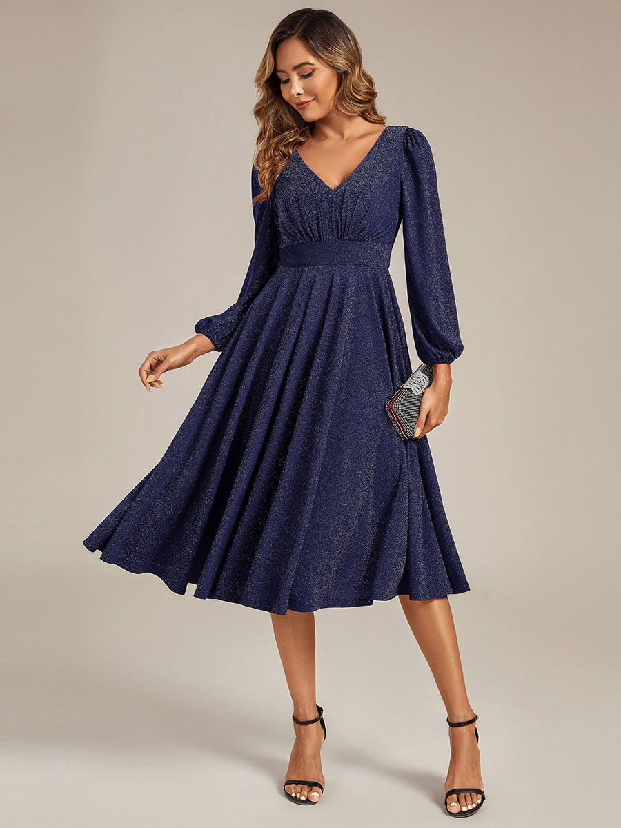 Color=Navy Blue | Fast Delivery Long Sleeve V-Neck Gathered A-Line Midi Wedding Guest Dresses-Navy Blue 25