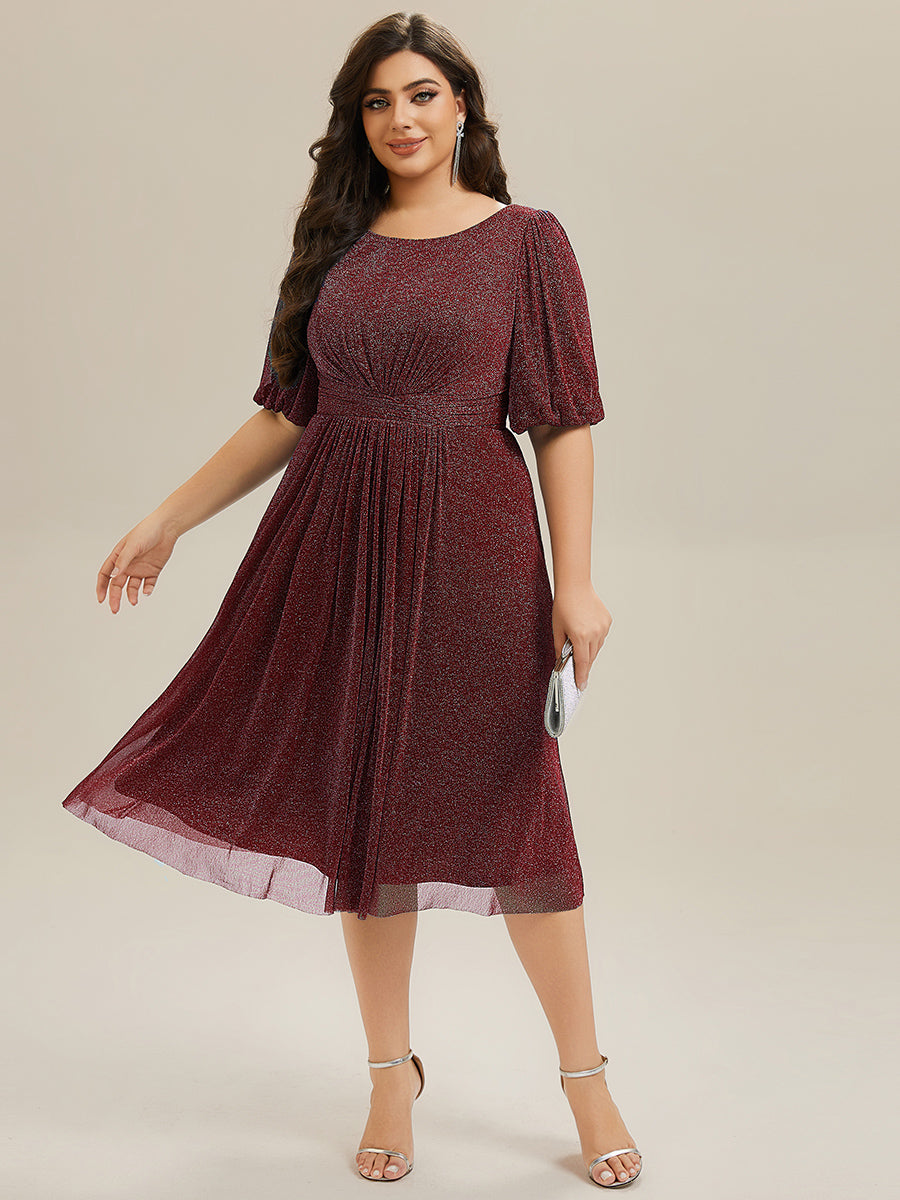 Color=Burgundy | Half Sleeve Gathered A-Line Midi Length Wedding Guest Dresses-Burgundy 6