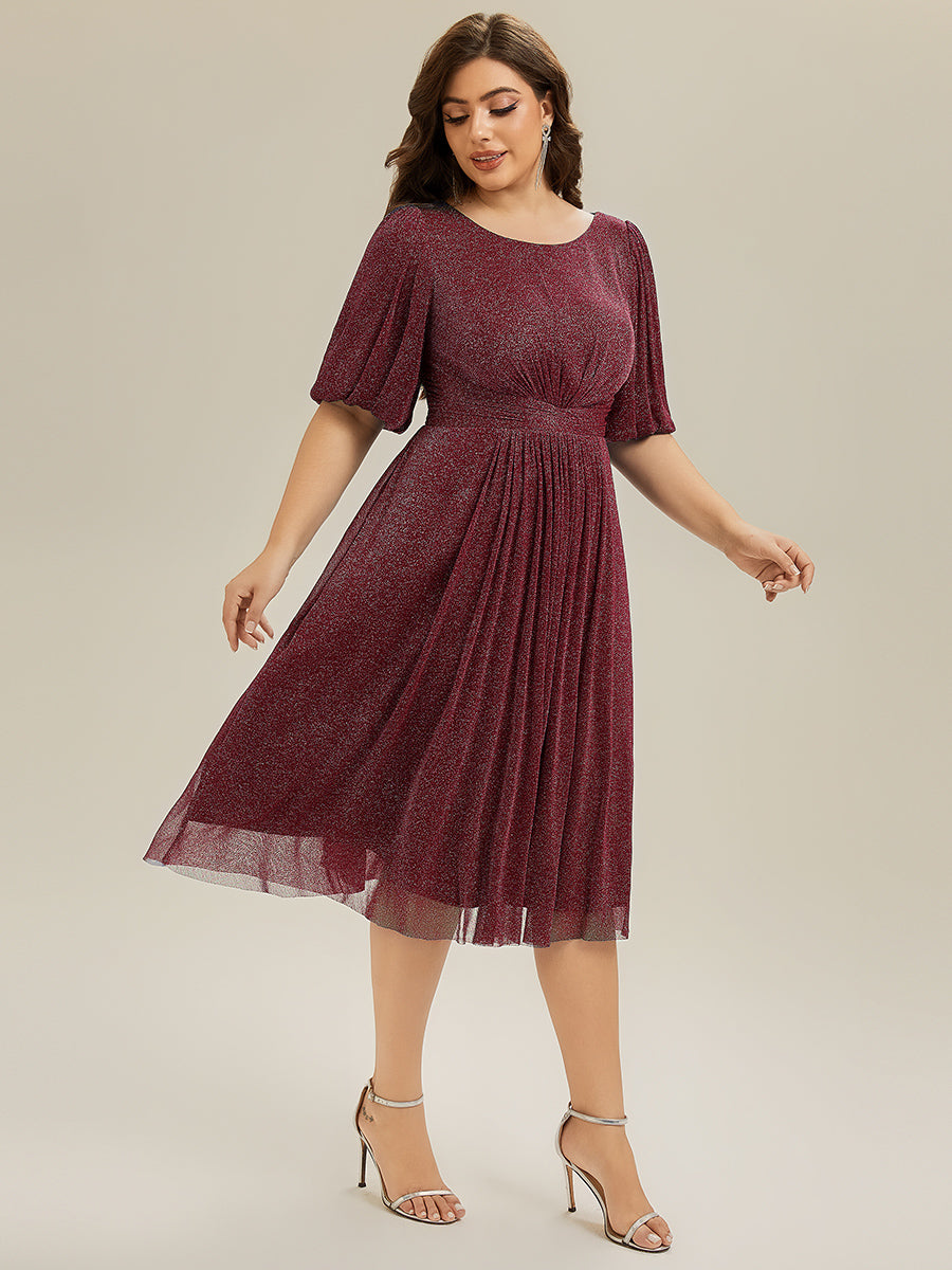 Color=Burgundy | Factory Design Plus Size Half Sleeve Lantern A-Line Gathered Midi Wedding Guest Dresses-Burgundy 5