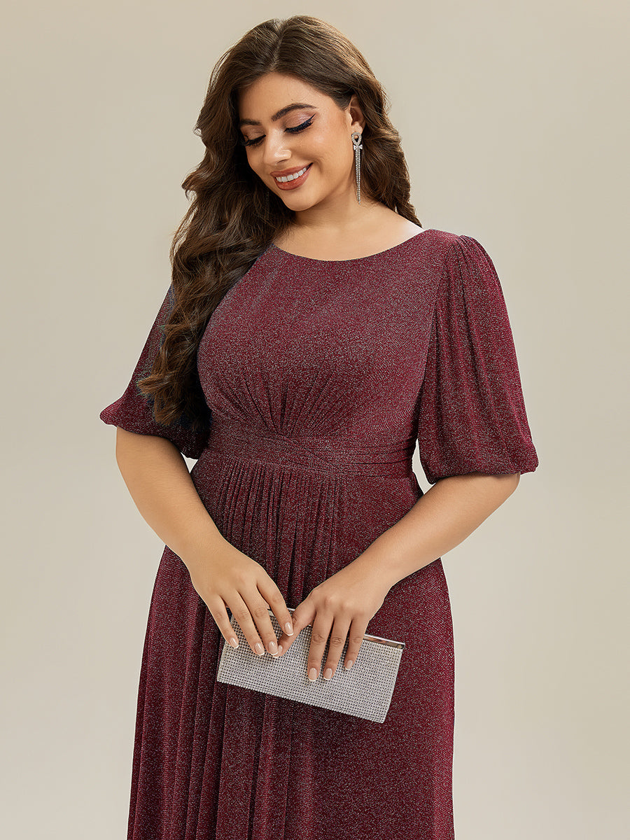 Color=Burgundy | Factory Design Plus Size Half Sleeve Lantern A-Line Gathered Midi Wedding Guest Dresses-Burgundy 3
