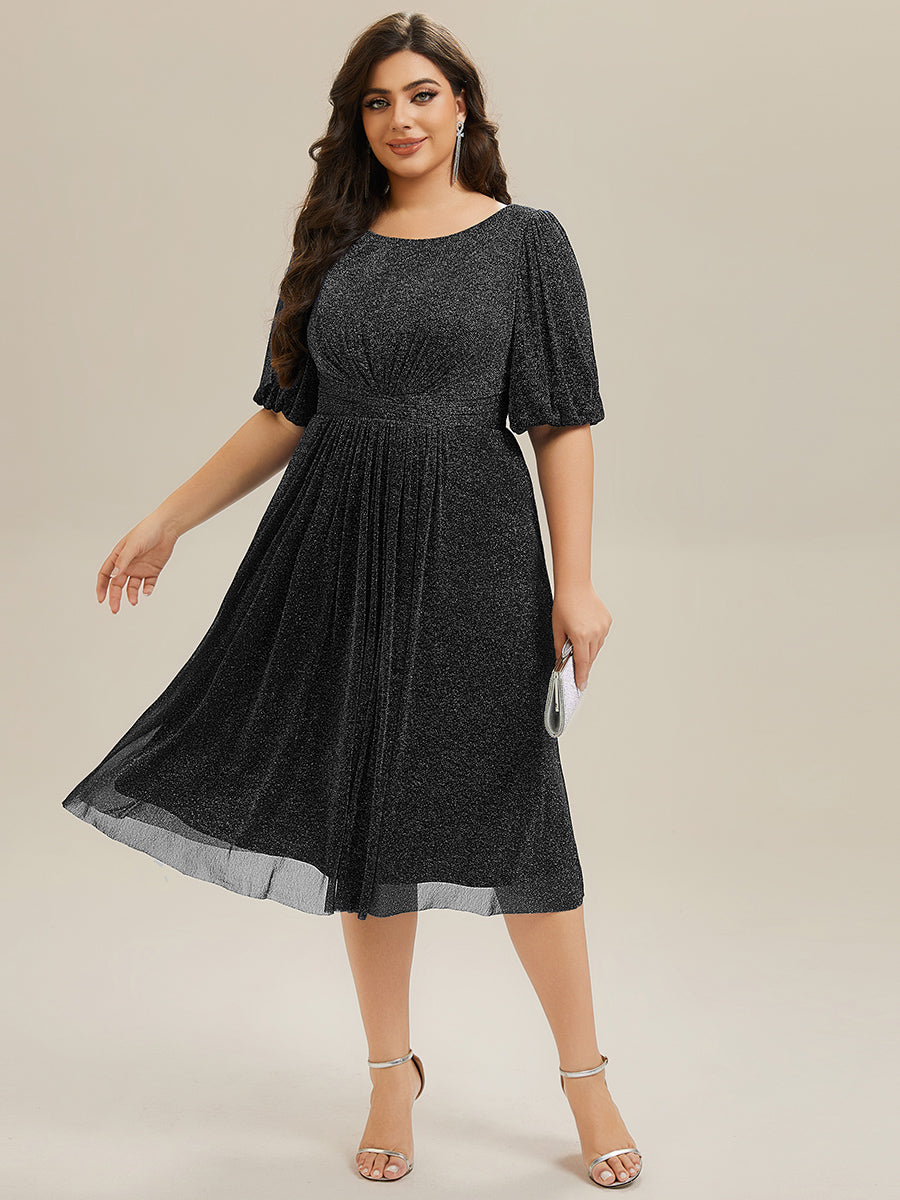 Color=Black |Half Sleeve Gathered A-Line Midi Length Wedding Guest Dresses-Black 16
