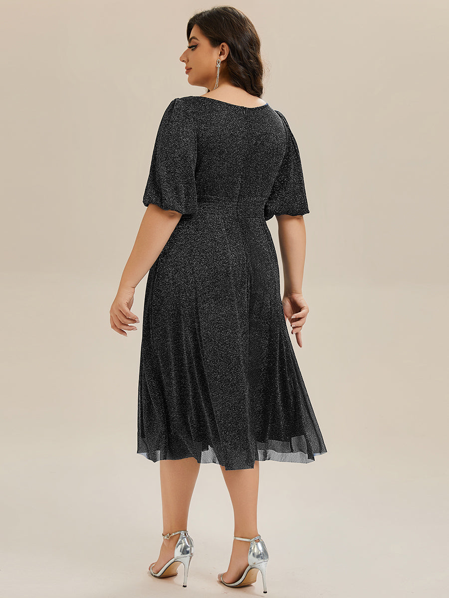 Color=Black | Factory Design Plus Size Half Sleeve Lantern A-Line Gathered Midi Wedding Guest Dresses-Black 7