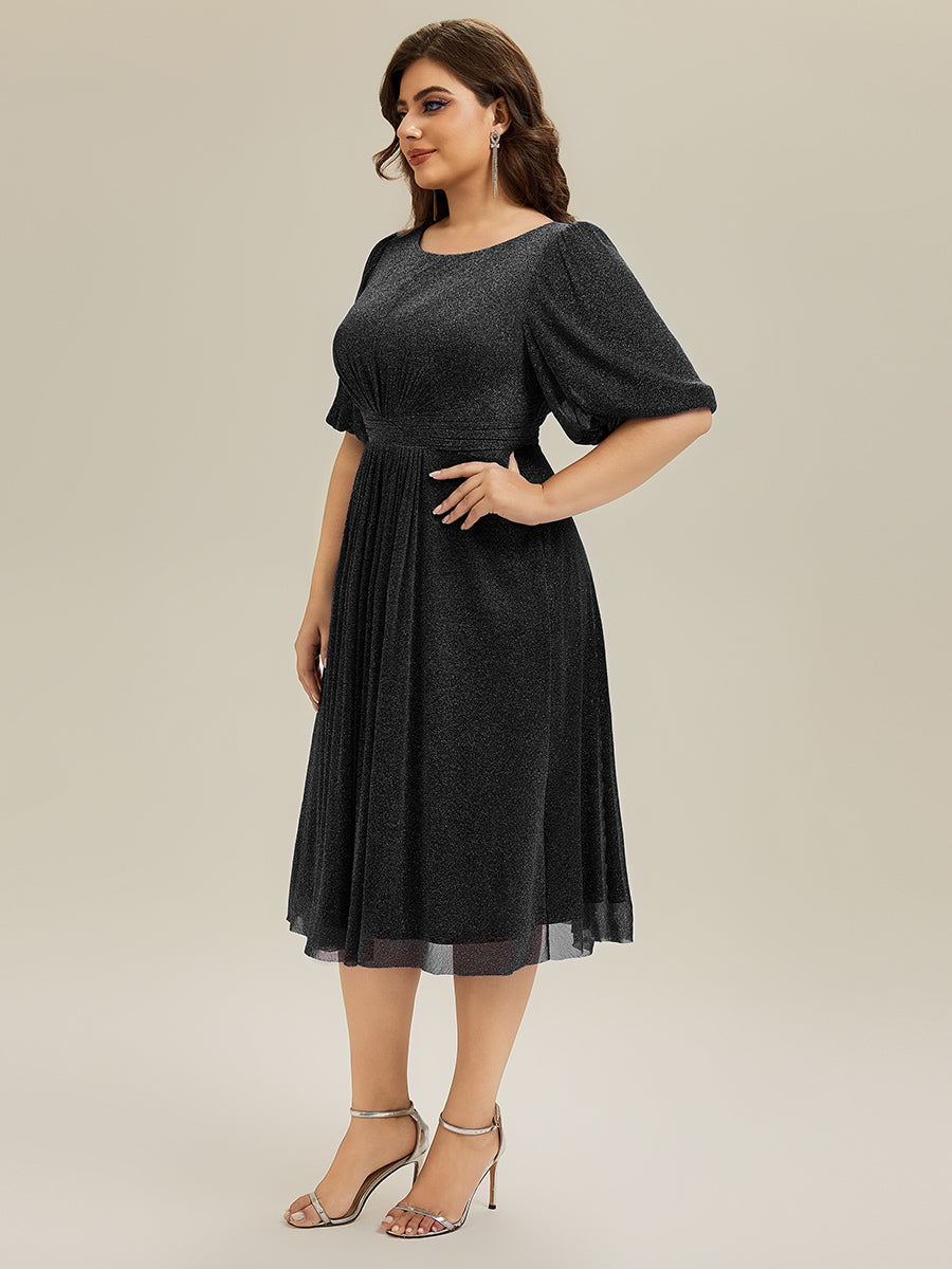Color=Black | Factory Design Plus Size Half Sleeve Lantern A-Line Gathered Midi Wedding Guest Dresses-Black 9