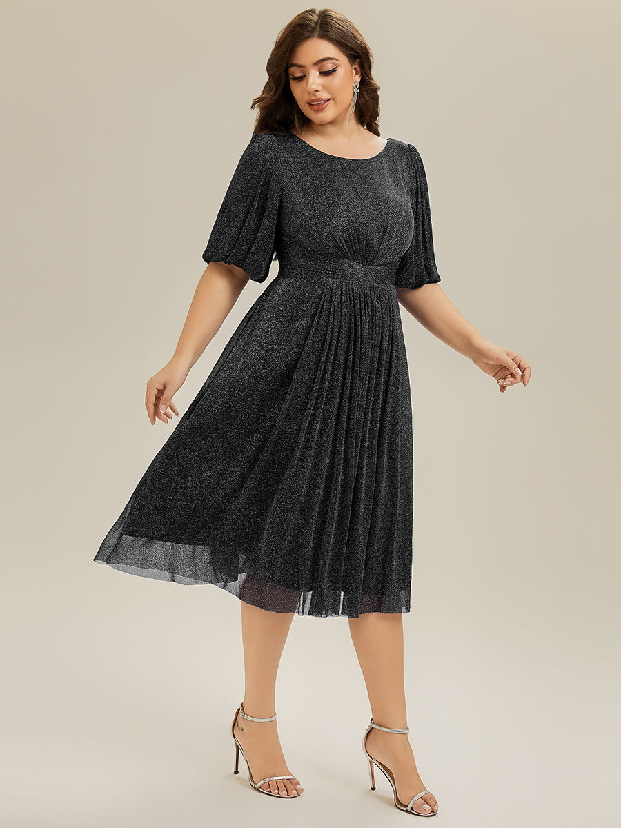 Color=Black | Factory Design Plus Size Half Sleeve Lantern A-Line Gathered Midi Wedding Guest Dresses-Black 10