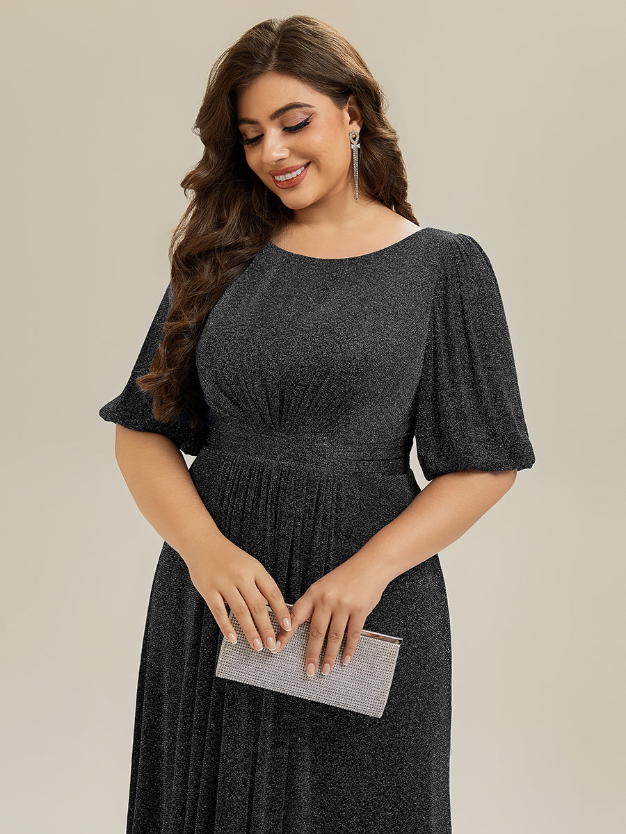 Color=Black |Half Sleeve Gathered A-Line Midi Length Wedding Guest Dresses-Black 18