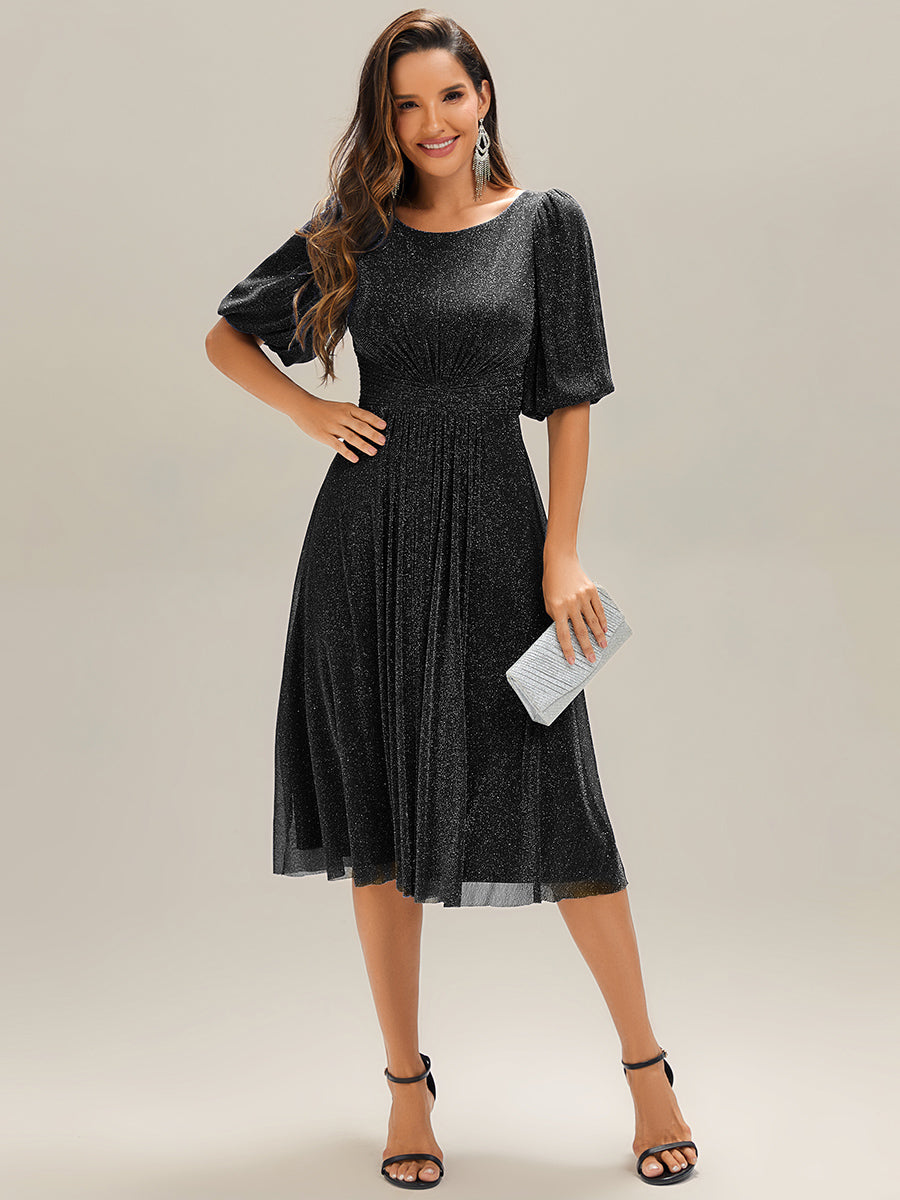 Color=Black |Half Sleeve Gathered A-Line Midi Length Wedding Guest Dresses-Black 11