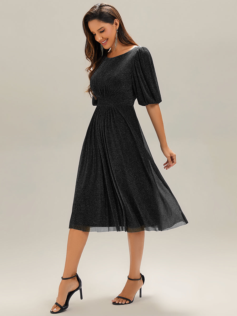 Color=Black |Half Sleeve Gathered A-Line Midi Length Wedding Guest Dresses-Black 14