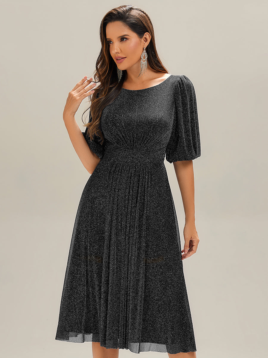 Color=Black |Half Sleeve Gathered A-Line Midi Length Wedding Guest Dresses-Black 15