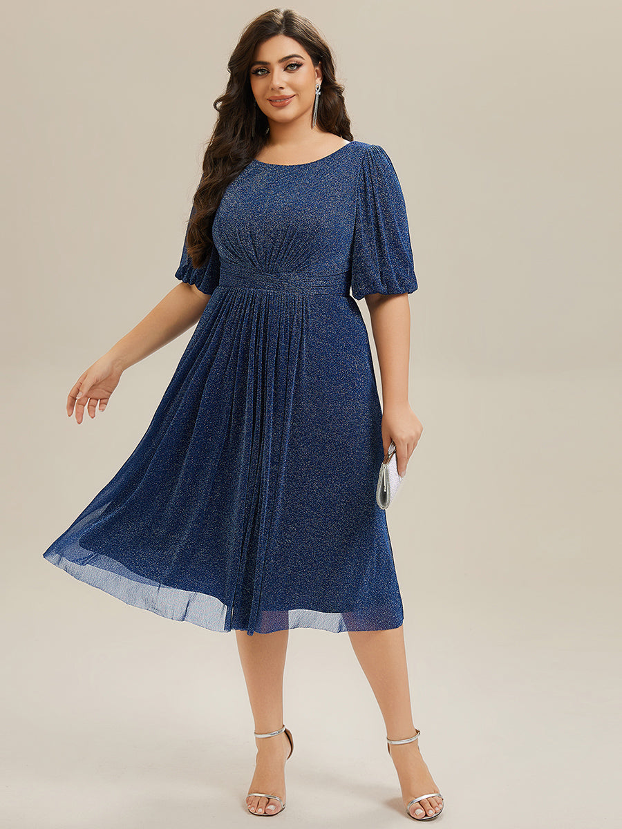 Color=Navy Blue | Half Sleeve Gathered A-Line Midi Length Wedding Guest Dresses-Navy Blue 26