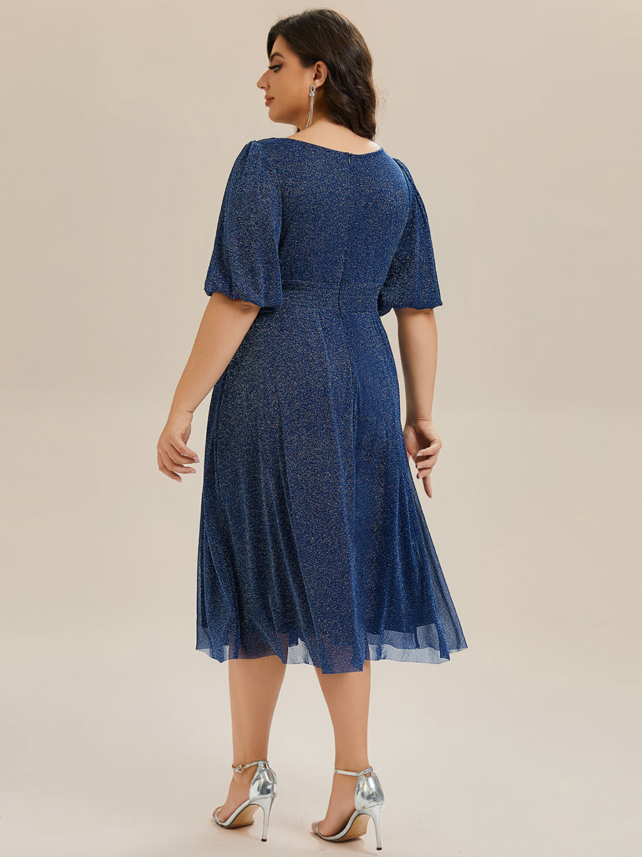 Color=Navy Blue | Half Sleeve Gathered A-Line Midi Length Wedding Guest Dresses-Navy Blue 27