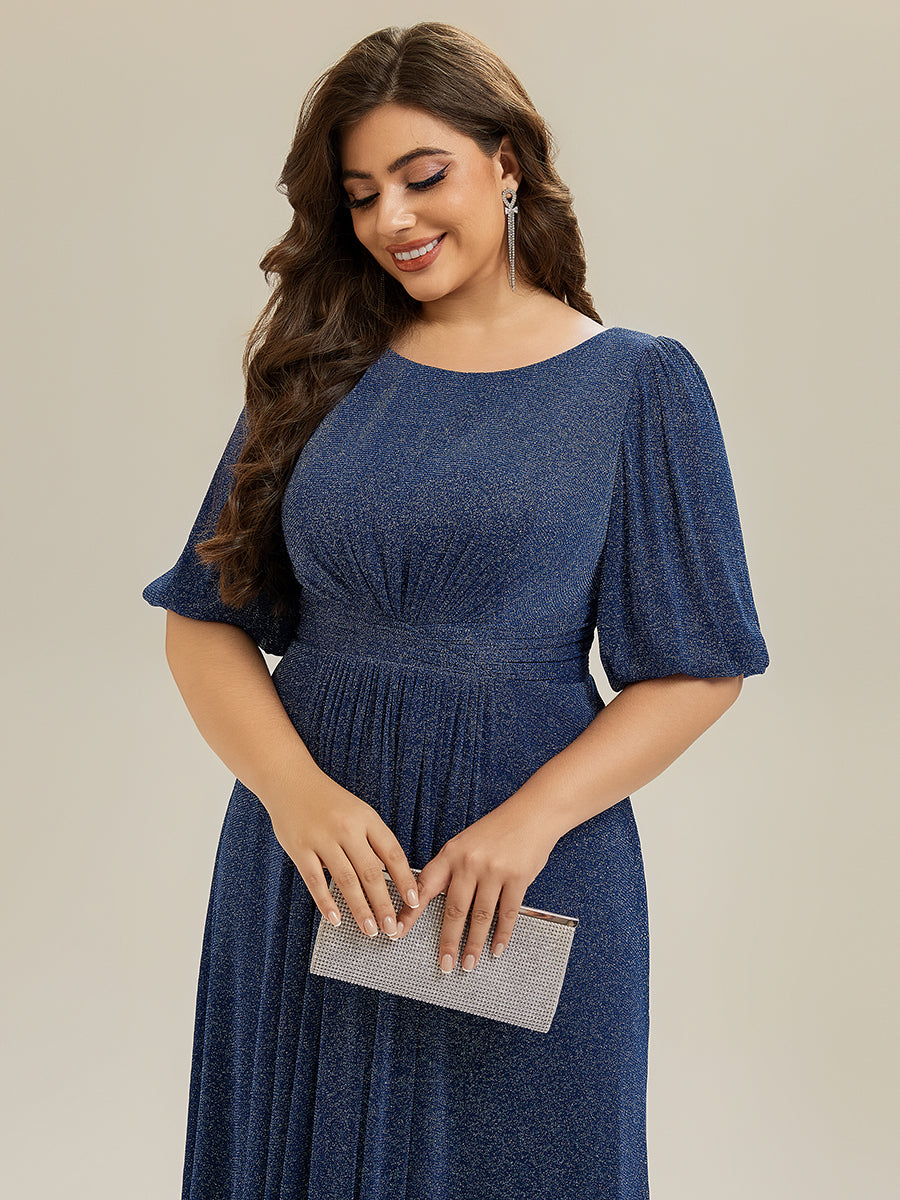 Color=Navy Blue | Factory Design Plus Size Half Sleeve Lantern A-Line Gathered Midi Wedding Guest Dresses-Navy Blue 13