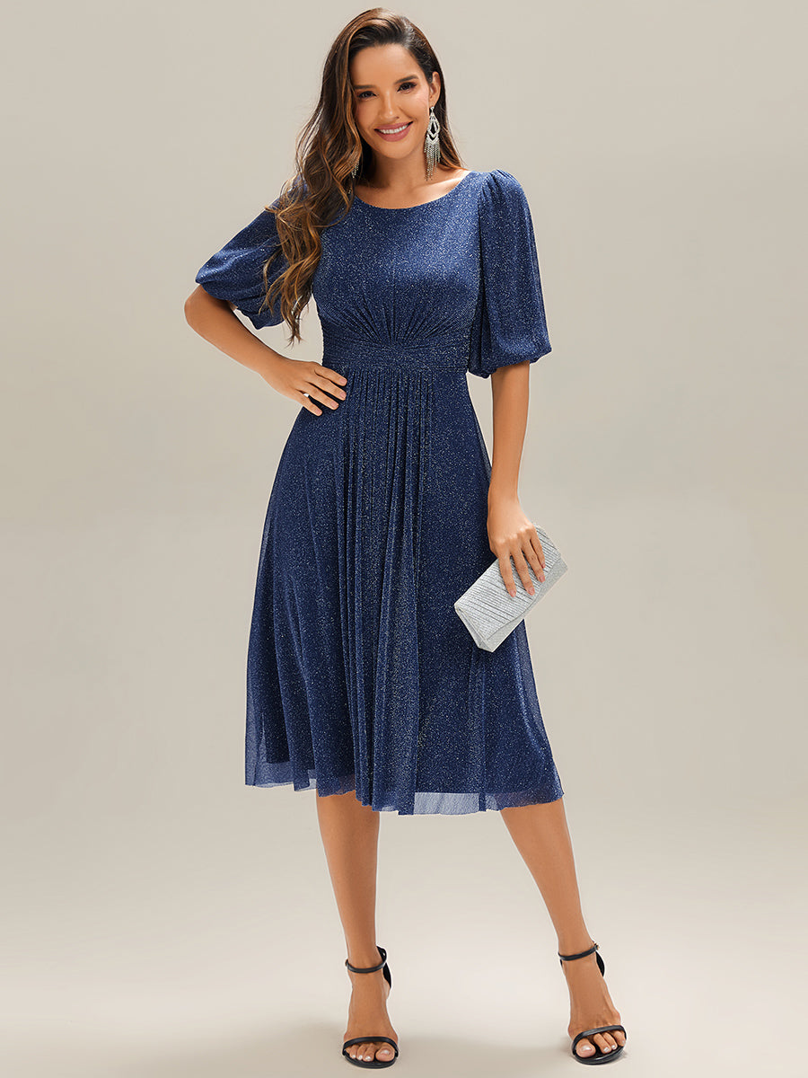 Color=Navy Blue | Half Sleeve Gathered A-Line Midi Length Wedding Guest Dresses-Navy Blue 21
