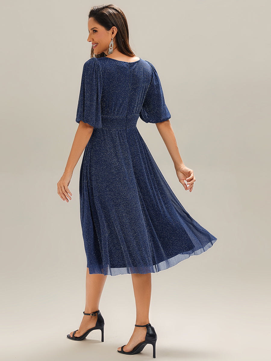 Color=Navy Blue | Half Sleeve Gathered A-Line Midi Length Wedding Guest Dresses-Navy Blue 22