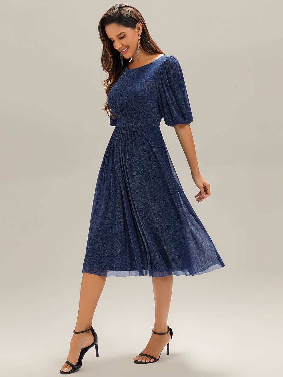 Color=Navy Blue | Half Sleeve Gathered A-Line Midi Length Wedding Guest Dresses-Navy Blue 24