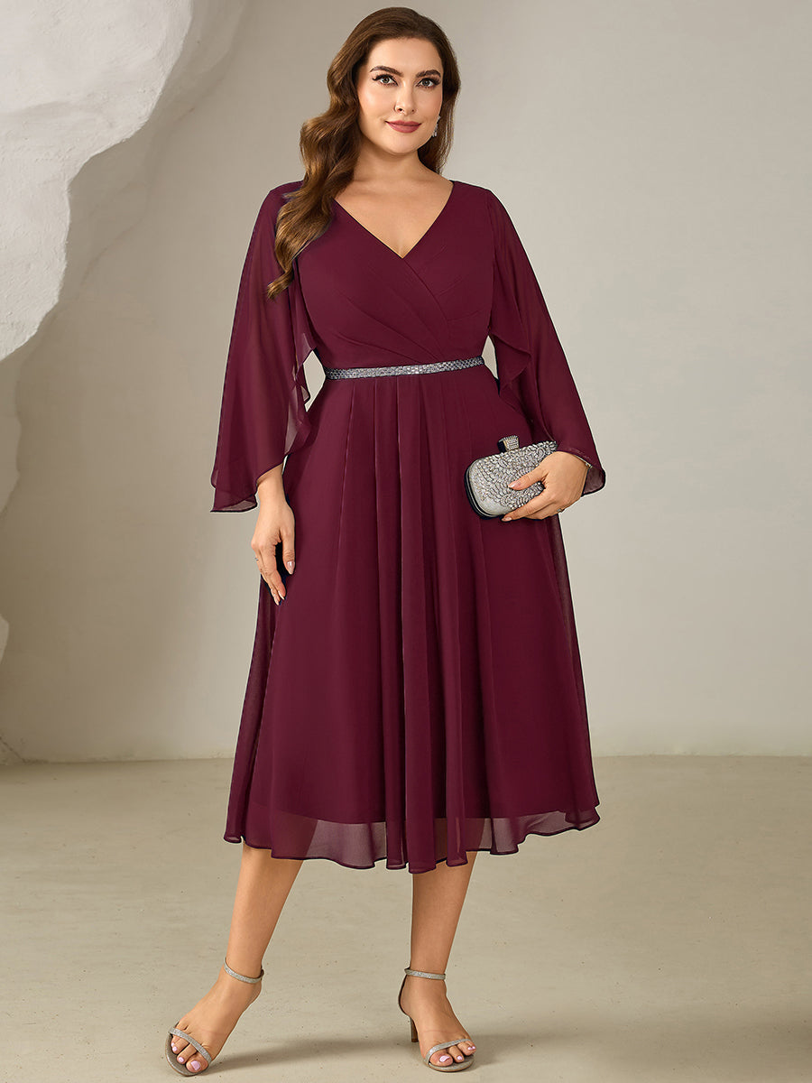 Color=Burgundy | Volume Discounts Plus Size 3/4 Sleeve Ruffle Deep V-Neck A-Line Midi Wedding Guest Dresses-Burgundy 1