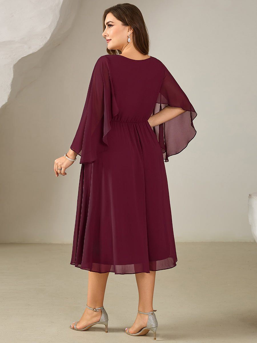 Color=Burgundy | Volume Discounts Plus Size 3/4 Sleeve Ruffle Deep V-Neck A-Line Midi Wedding Guest Dresses-Burgundy 2