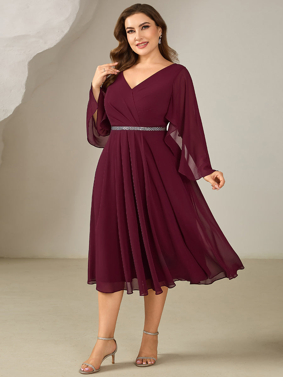 Color=Burgundy | Volume Discounts Plus Size 3/4 Sleeve Ruffle Deep V-Neck A-Line Midi Wedding Guest Dresses-Burgundy 4