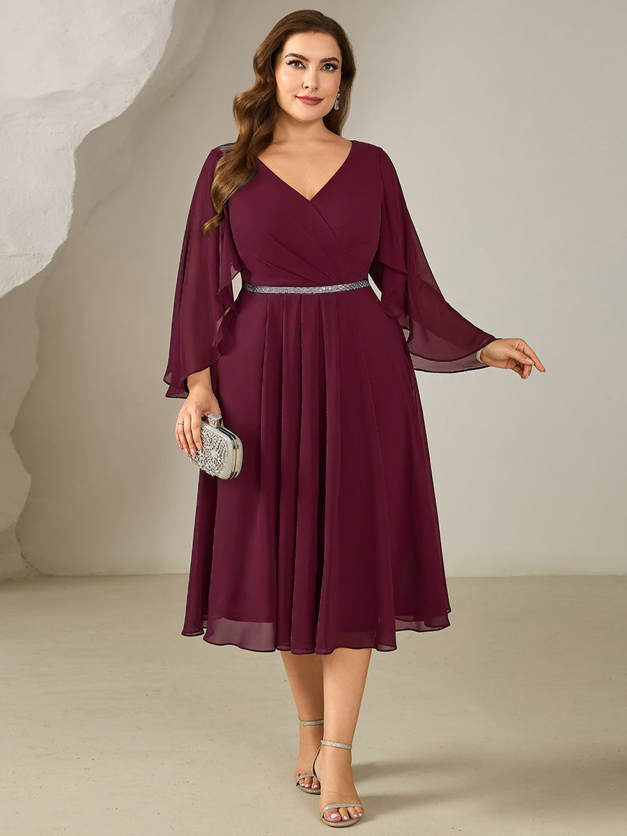 Color=Burgundy | Volume Discounts Plus Size 3/4 Sleeve Ruffle Deep V-Neck A-Line Midi Wedding Guest Dresses-Burgundy 5