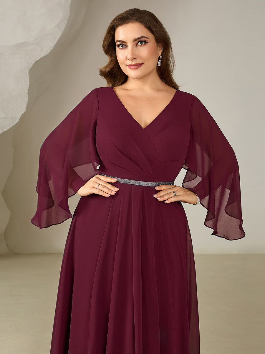 Color=Burgundy | Volume Discounts Plus Size 3/4 Sleeve Ruffle Deep V-Neck A-Line Midi Wedding Guest Dresses-Burgundy 3