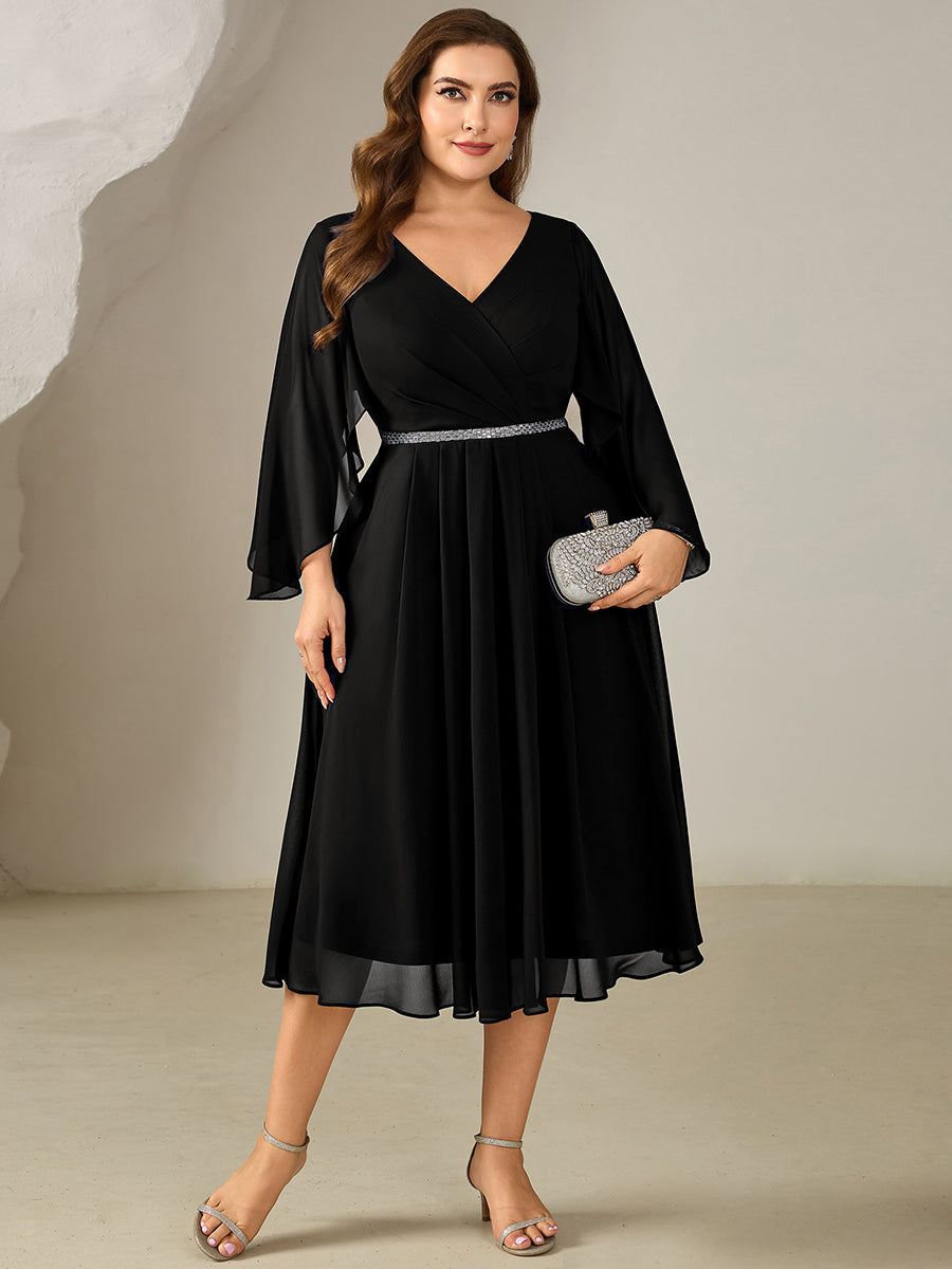 Color=Black | Volume Discounts Plus Size 3/4 Sleeve Ruffle Deep V-Neck A-Line Midi Wedding Guest Dresses-Black 6