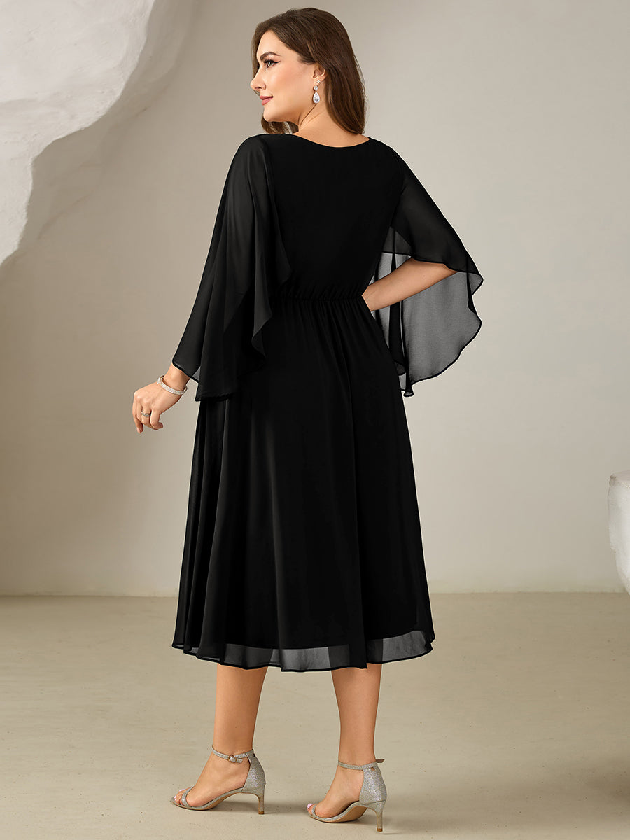 Color=Black | Volume Discounts Plus Size 3/4 Sleeve Ruffle Deep V-Neck A-Line Midi Wedding Guest Dresses-Black 7
