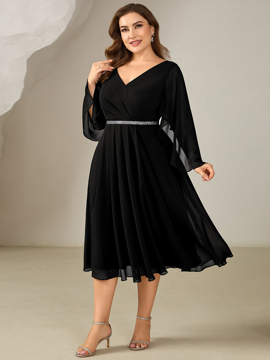 Color=Black | Volume Discounts Plus Size 3/4 Sleeve Ruffle Deep V-Neck A-Line Midi Wedding Guest Dresses-Black 9