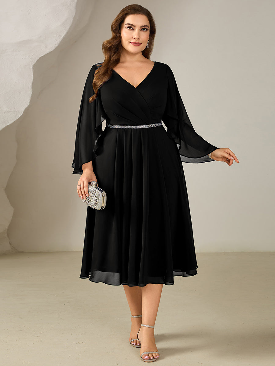 Color=Black | Volume Discounts Plus Size 3/4 Sleeve Ruffle Deep V-Neck A-Line Midi Wedding Guest Dresses-Black 10