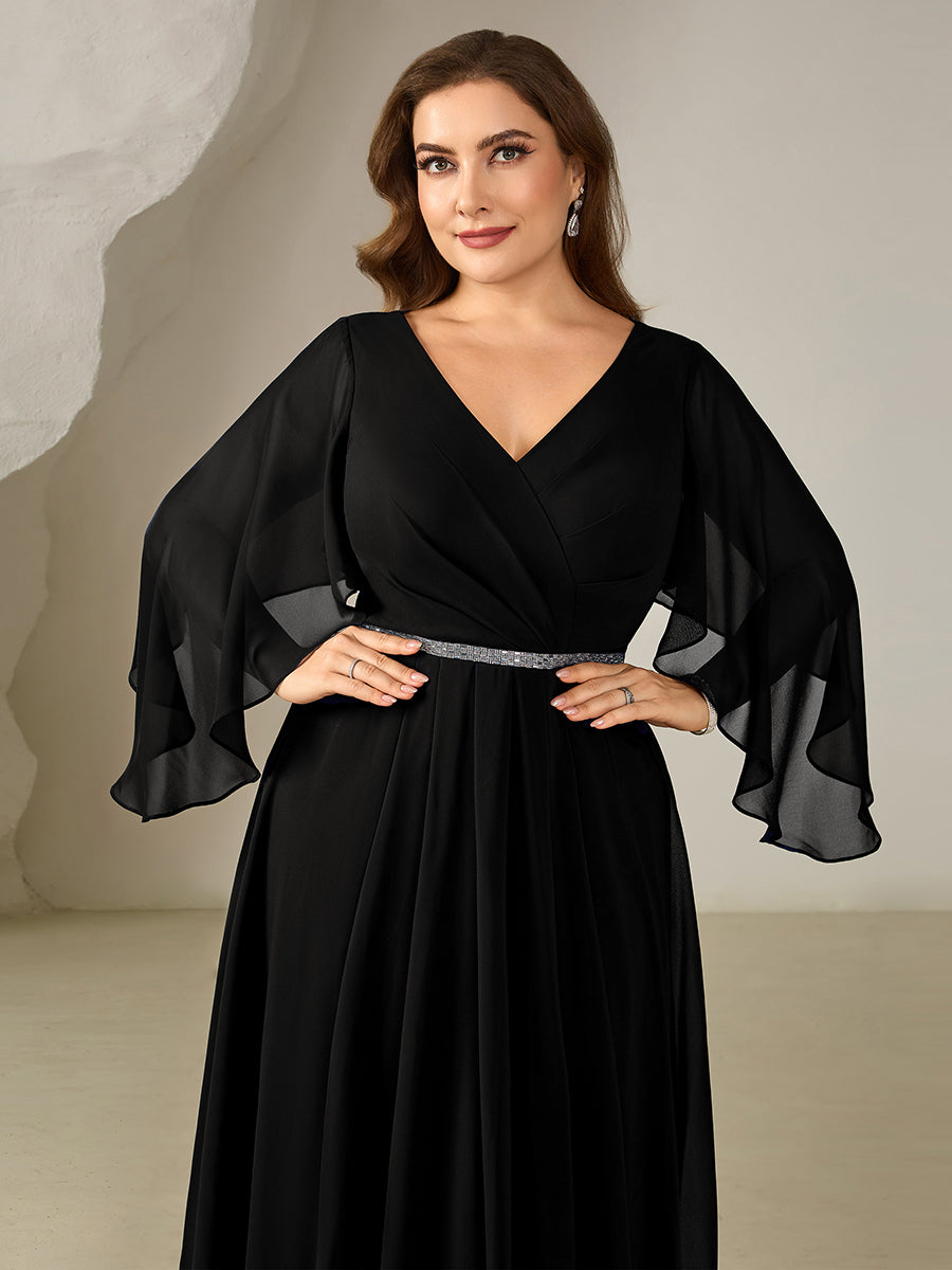 Color=Black | Volume Discounts Plus Size 3/4 Sleeve Ruffle Deep V-Neck A-Line Midi Wedding Guest Dresses-Black 8