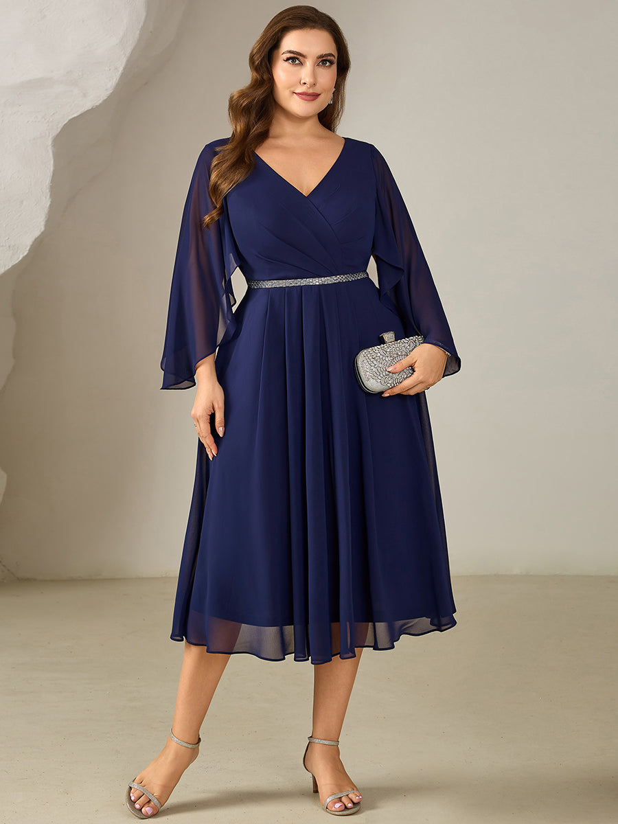 Color=Navy Blue | Volume Discounts Plus Size 3/4 Sleeve Ruffle Deep V-Neck A-Line Midi Wedding Guest Dresses-Navy Blue 11