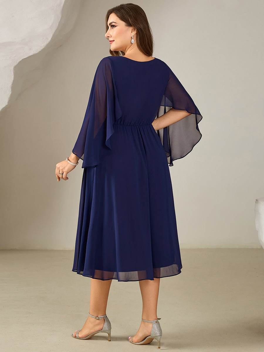 Color=Navy Blue | Volume Discounts Plus Size 3/4 Sleeve Ruffle Deep V-Neck A-Line Midi Wedding Guest Dresses-Navy Blue 12