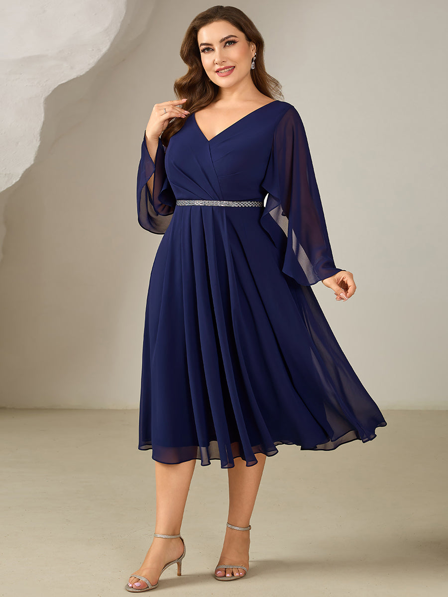 Color=Navy Blue | Volume Discounts Plus Size 3/4 Sleeve Ruffle Deep V-Neck A-Line Midi Wedding Guest Dresses-Navy Blue 14