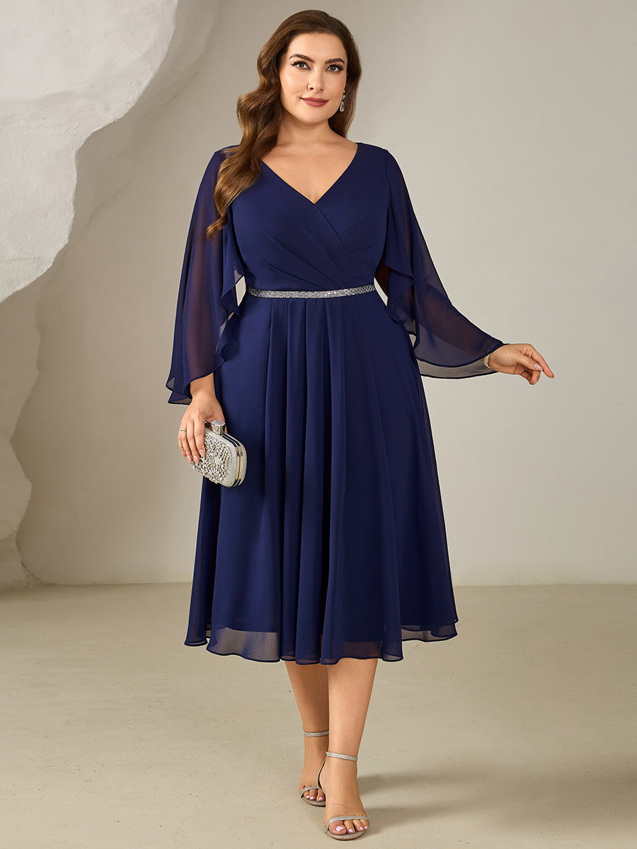 Color=Navy Blue | Volume Discounts Plus Size 3/4 Sleeve Ruffle Deep V-Neck A-Line Midi Wedding Guest Dresses-Navy Blue 15