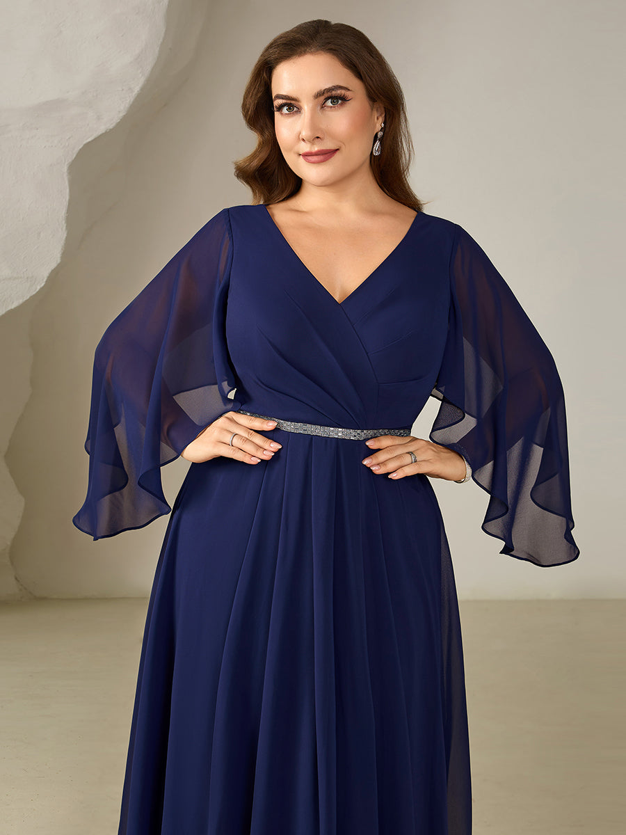 Color=Navy Blue | Volume Discounts Plus Size 3/4 Sleeve Ruffle Deep V-Neck A-Line Midi Wedding Guest Dresses-Navy Blue 13