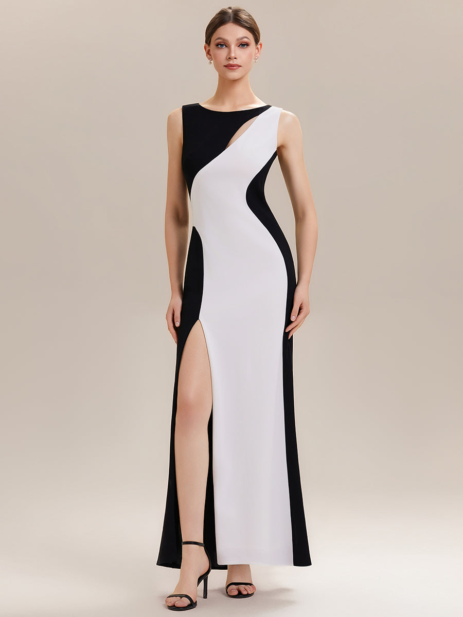 Color=Ivory-Black | Commercial Wholesale Strapless High Stretch Bodycon Round Neck Maxi Wedding Guest Dress-Ivory-Black 1