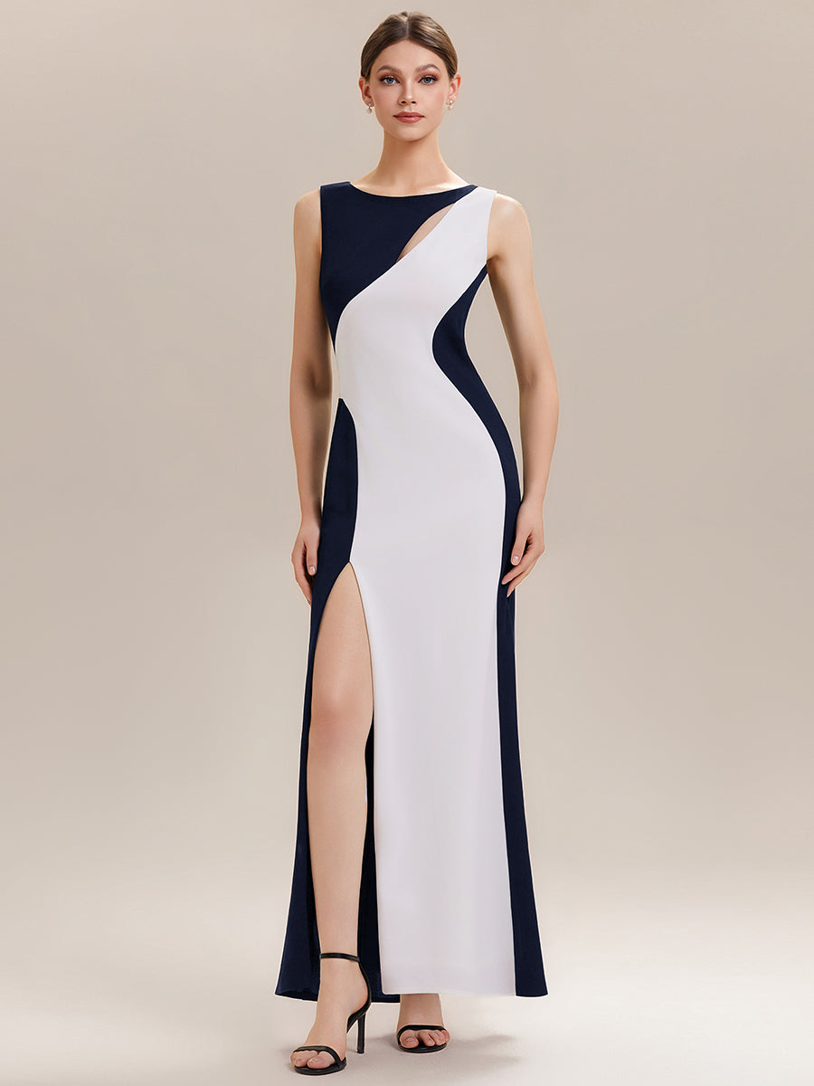 Color=Navy Blue | Commercial Wholesale Strapless High Stretch Bodycon Round Neck Maxi Wedding Guest Dress-Navy Blue 6