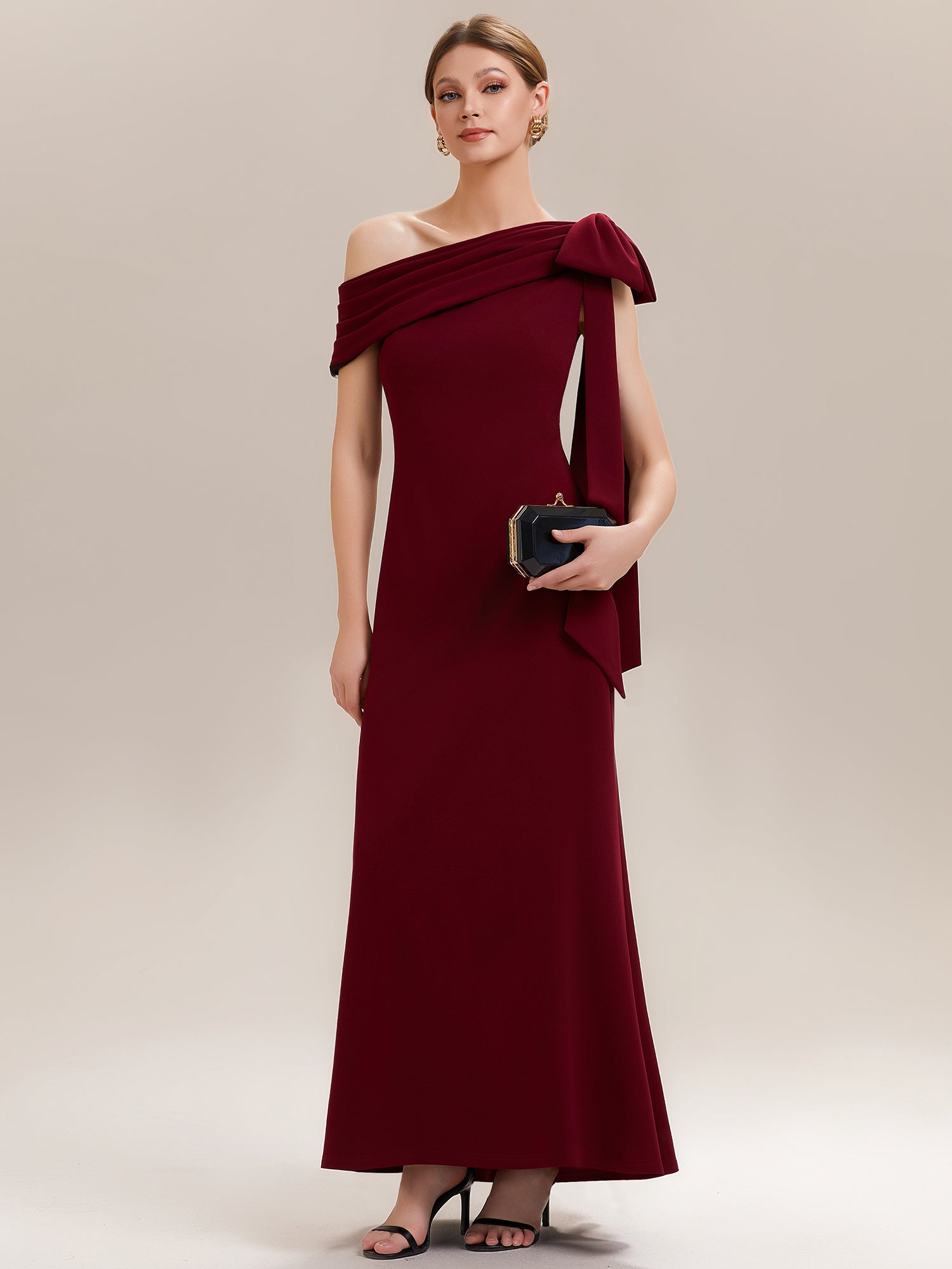 Color=Dark Red | B2B-Exclusive Asymmetrical Sleeveless High Stretch Sheath Floor Length Wedding Guest Dress-Dark Red 1