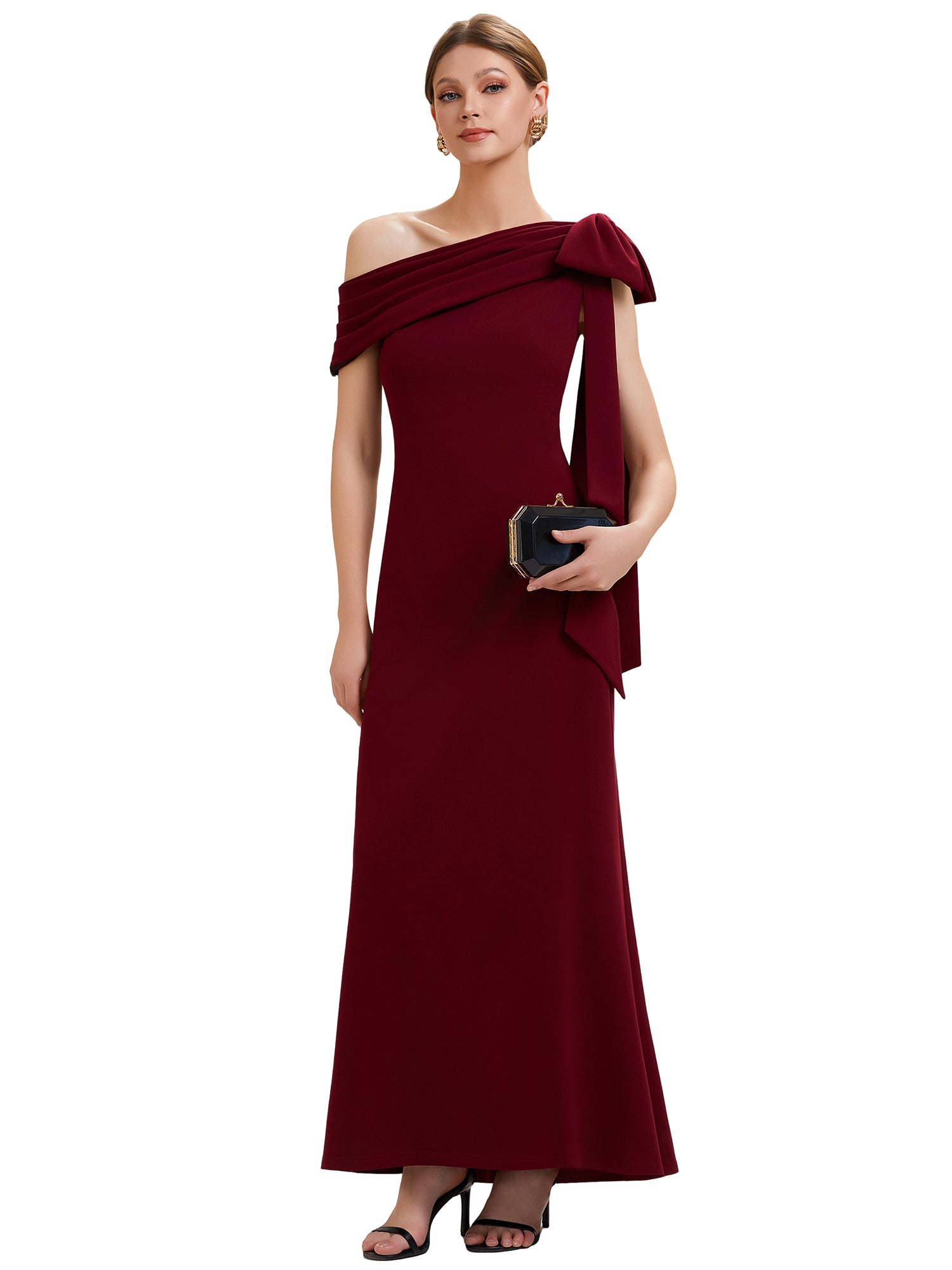 Color=Dark Red | B2B-Exclusive Asymmetrical Sleeveless High Stretch Sheath Floor Length Wedding Guest Dress-Dark Red 2