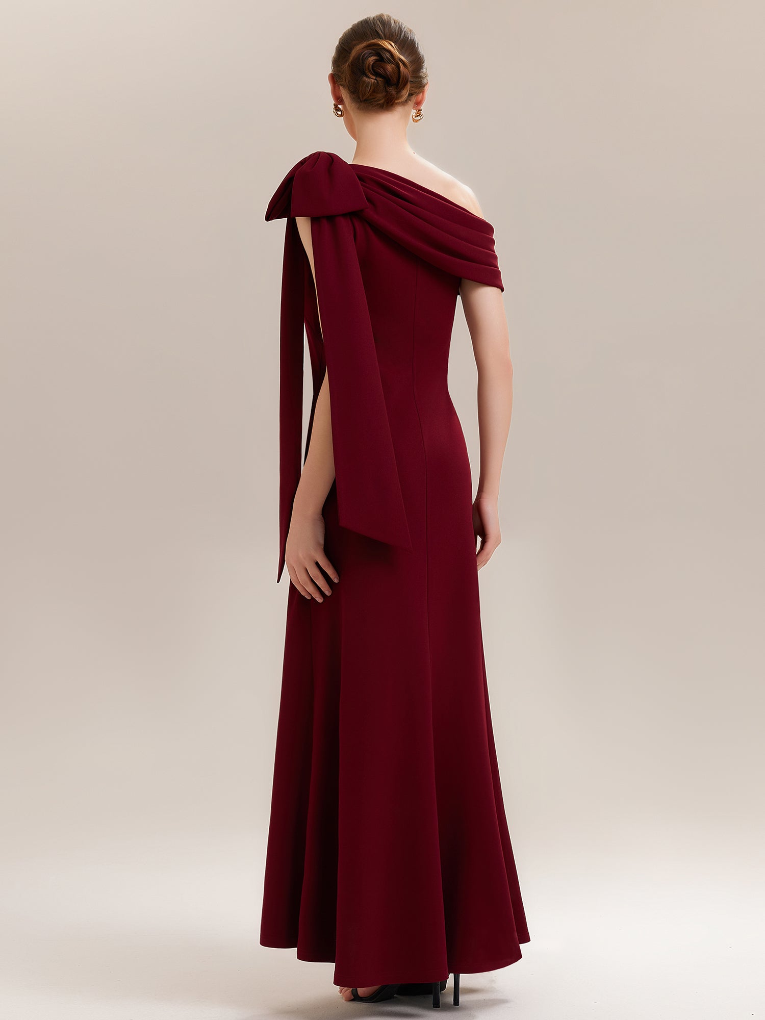 Color=Dark Red | B2B-Exclusive Asymmetrical Sleeveless High Stretch Sheath Floor Length Wedding Guest Dress-Dark Red 2