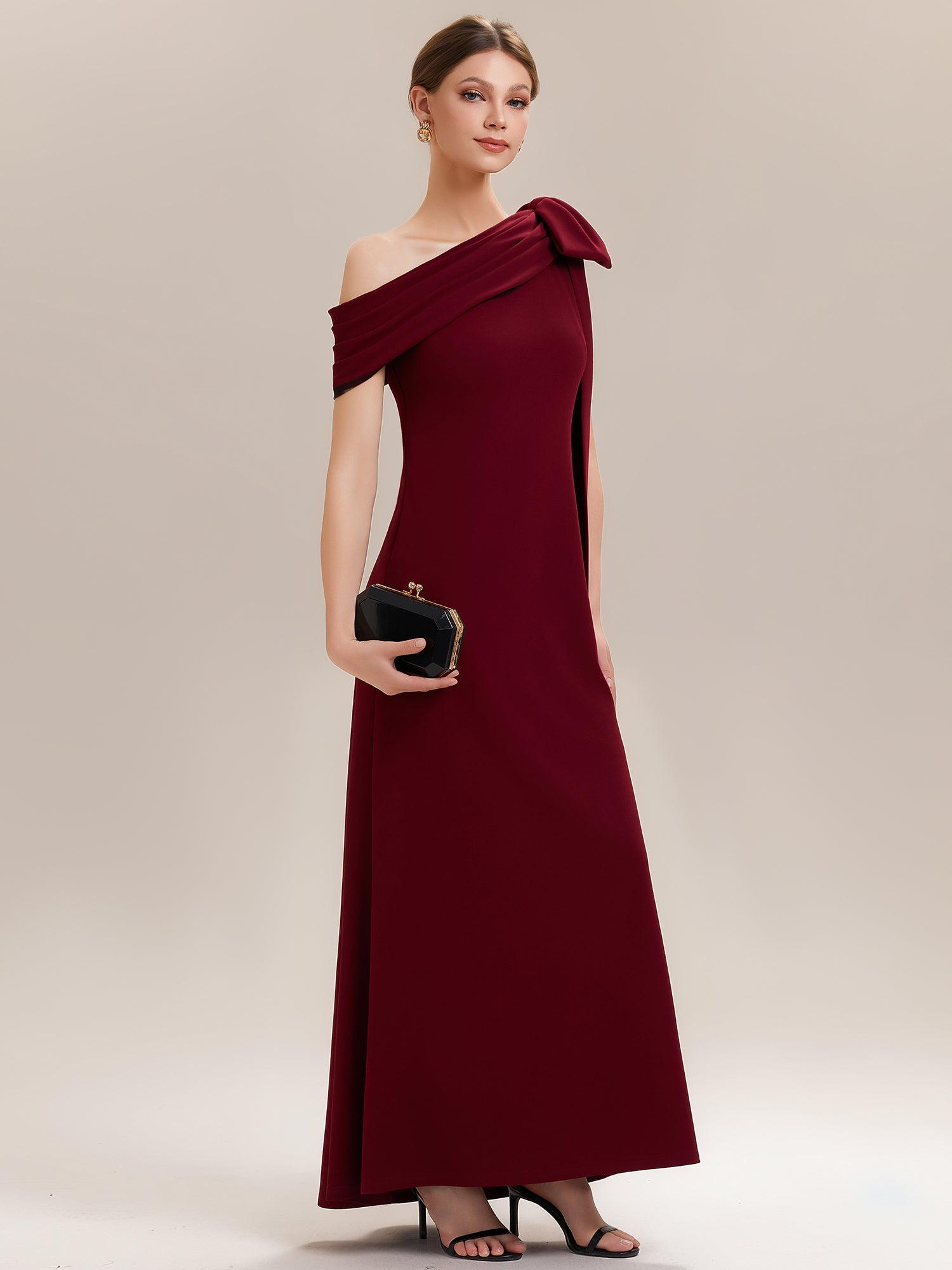 Color=Dark Red | B2B-Exclusive Asymmetrical Sleeveless High Stretch Sheath Floor Length Wedding Guest Dress-Dark Red 4