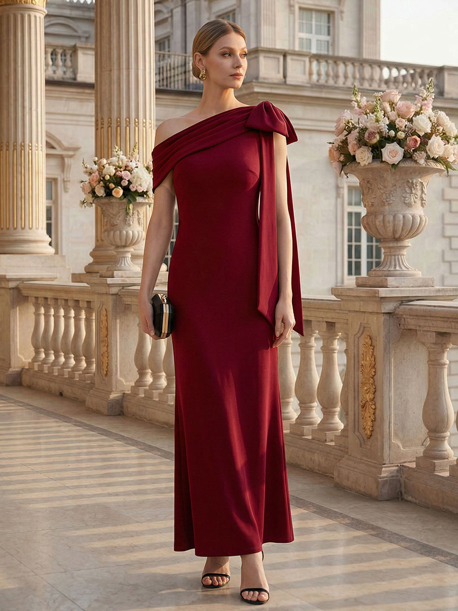 Color=Dark Red | B2B-Exclusive Asymmetrical Sleeveless High Stretch Sheath Floor Length Wedding Guest Dress-Dark Red 7
