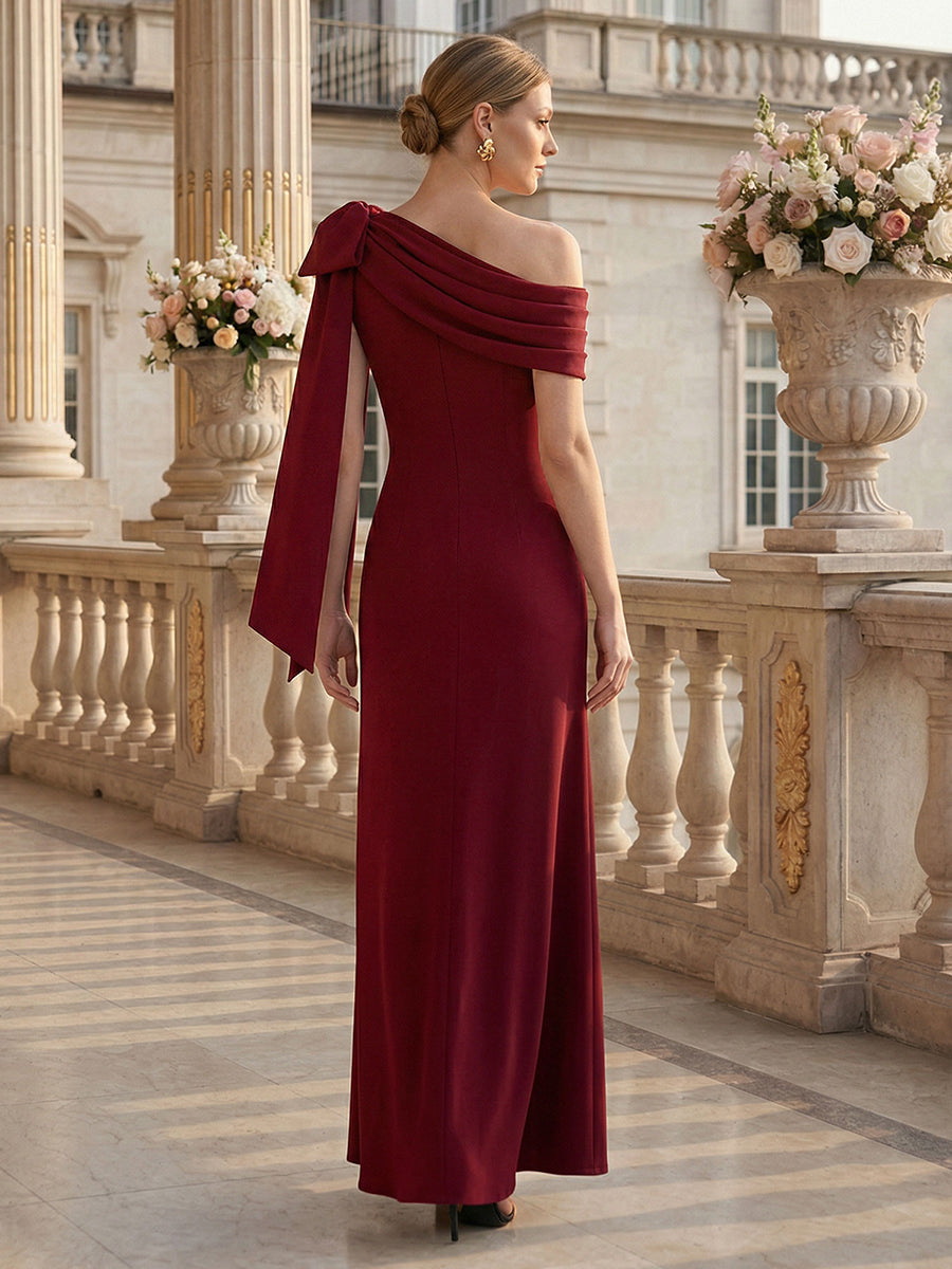 Color=Dark Red | B2B-Exclusive Asymmetrical Sleeveless High Stretch Sheath Floor Length Wedding Guest Dress-Dark Red 8