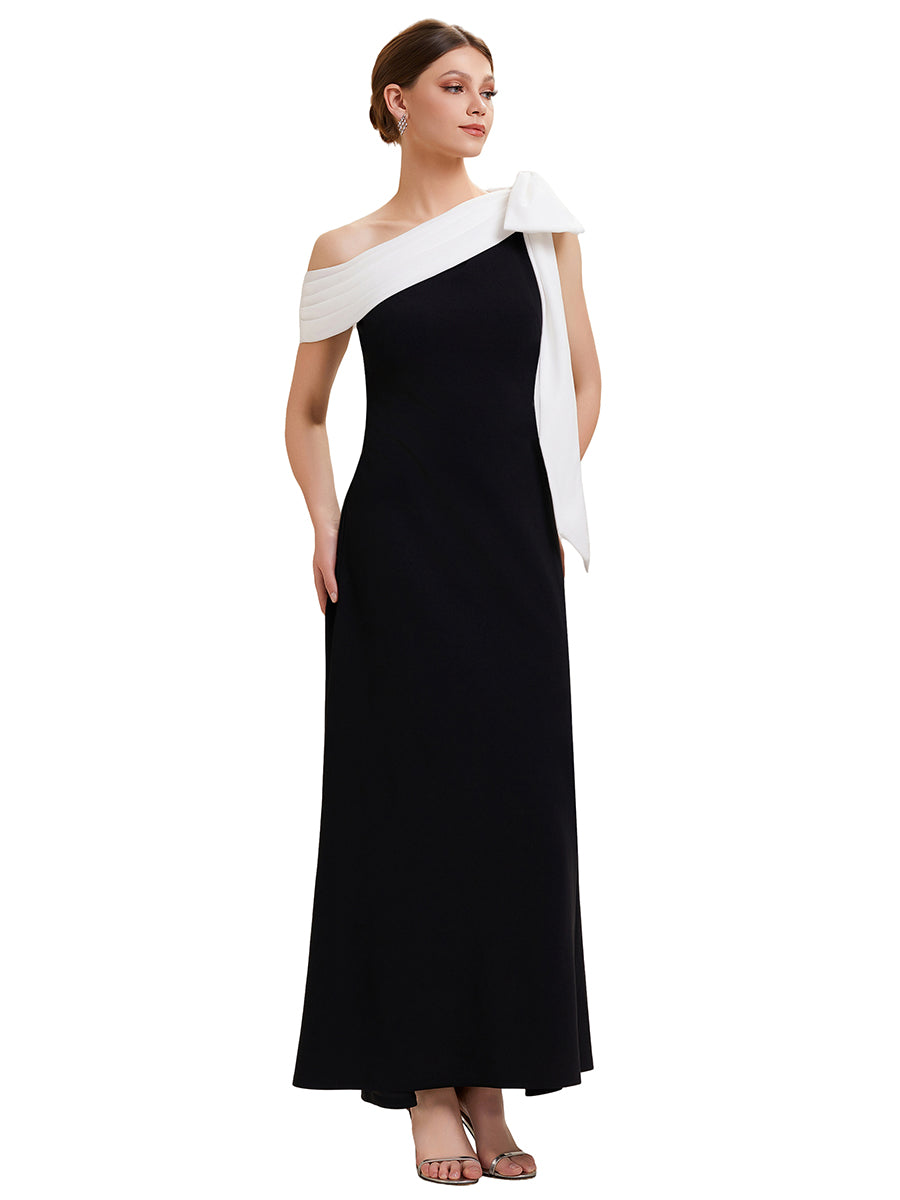 Color=Ivory-Black | B2B-Exclusive Asymmetrical Sleeveless High Stretch Sheath Floor Length Wedding Guest Dress-Ivory-Black 2